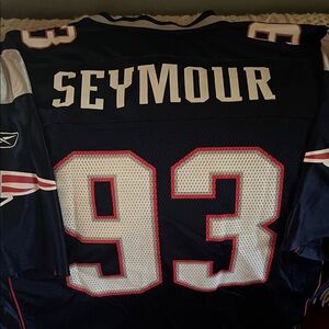 Patriots #93 SEYMOUR Reebok Blue and White Men's Shirt Large. NWOT